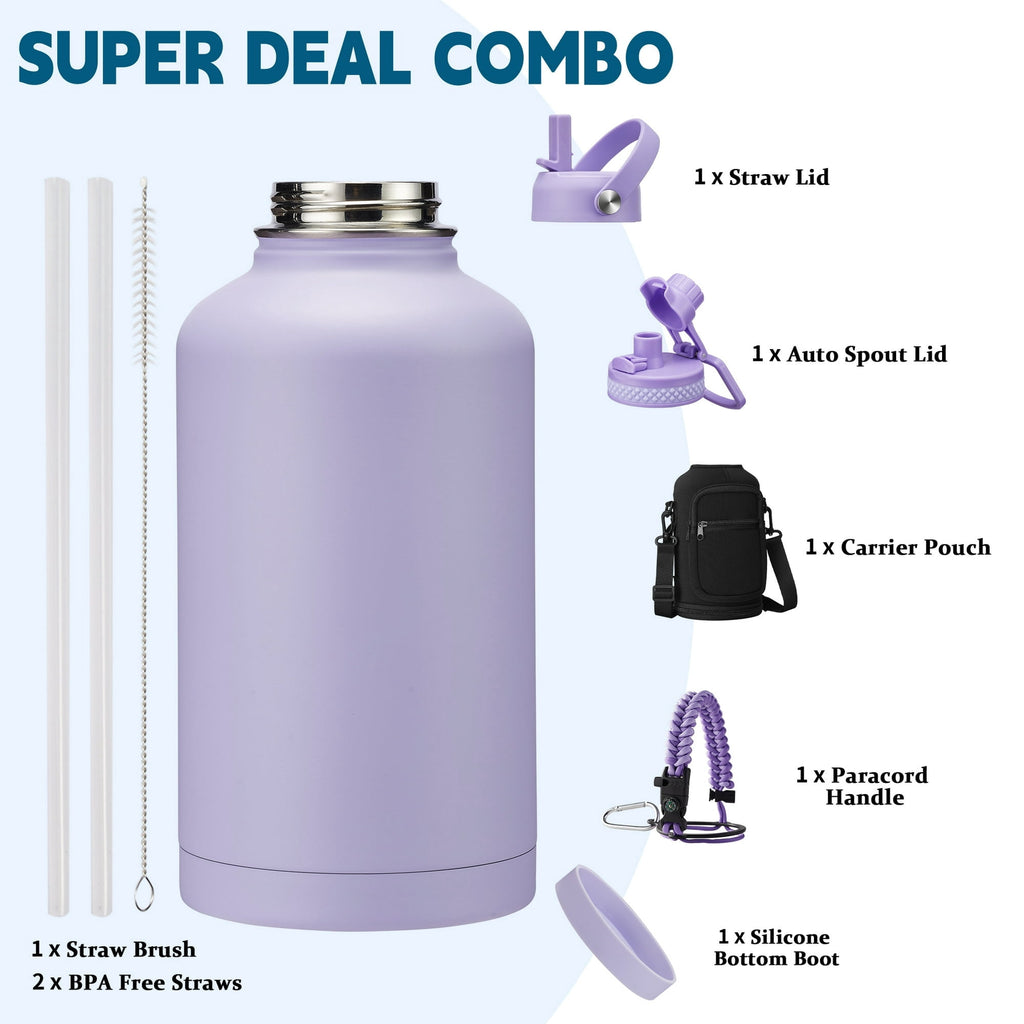 64 oz Water Bottle with Straw & Spout Lids - Half Gallon Insulated Water Bottle,Wide Mouth Metal Canteen Thermo Flask,Leak-proof Water Jug,Black