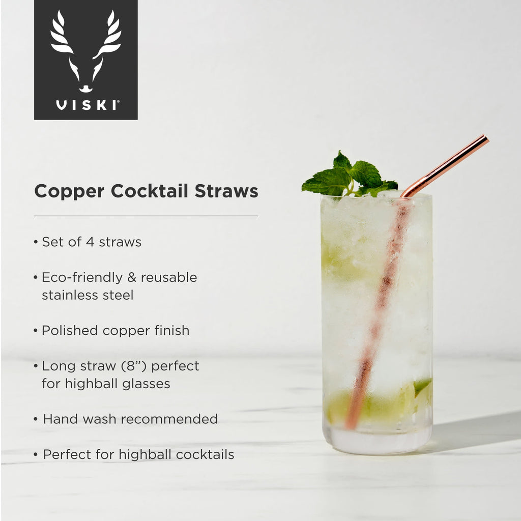 Viski Belmont Stainless Steel Cocktail Straws, Reusable Straws 5" Set of 6
