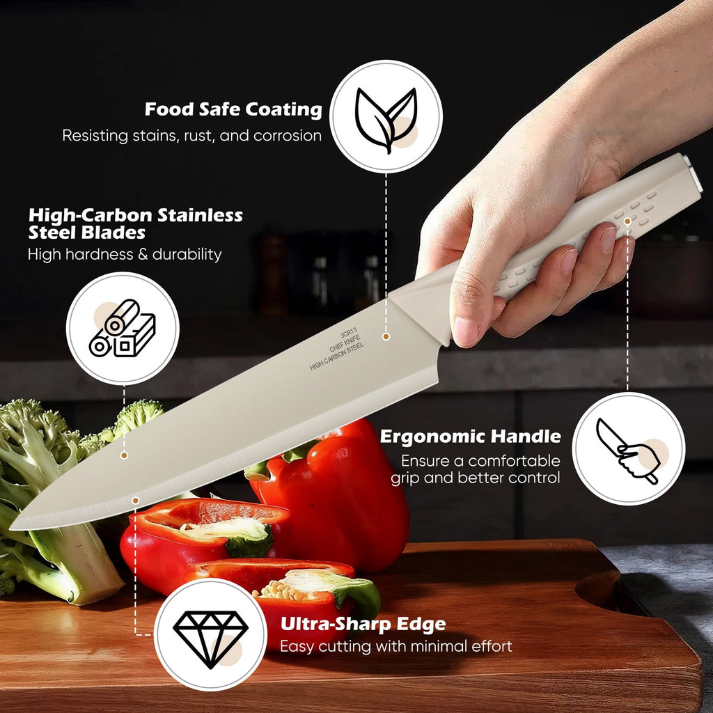 Vesteel Knife Block Set for Kitchen, 15-Piece High Carbon Stainless Steel Knives Set with Ergonomic Handle, Ultra-sharp & Rust Resistant, Walnut Brown