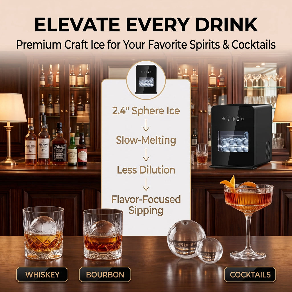 RIOXC Spherical Ice Maker, 2.4" Large Sphere Ice Ball Maker 108 Pcs/24H with Self-Cleaning Countertop Craft Ice for Whiskey Cocktails & Home Bar