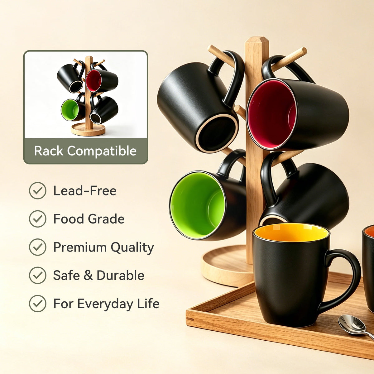 TINANA 12 oz Ceramic Coffee Mugs Set of 6, Matte Black Coffee Cups with Colorful Interior, Tea Mugs for Home Office, Microwave and Dishwasher Safe