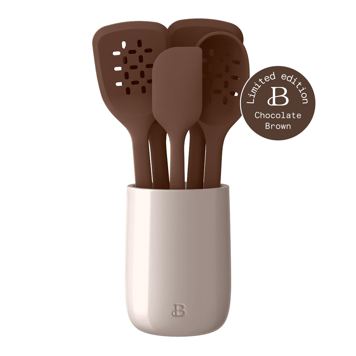 Beautiful 6-Piece Silicone Kitchen Tool Set with Ceramic Crock, Chocolate by Drew Barrymore
