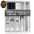 49-Piece Silverware Set with Flatware Drawer Organizer, Durable Stainless Steel Cutlery Set for 8, Mirror Polished Kitchen Utensils Tableware Service with Steak Knives Dinner Fork Knife Spoon & Tray