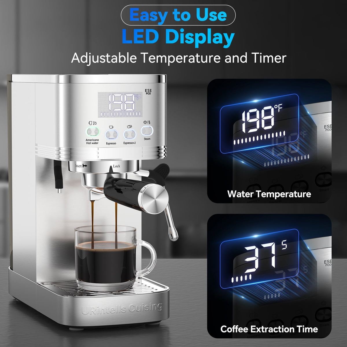 URintells Cuising 20 Bar Espresso Machine with Milk Frother, Built-in Timer, 1350 W Coffee Maker for Cappuccino, Latte & Americano