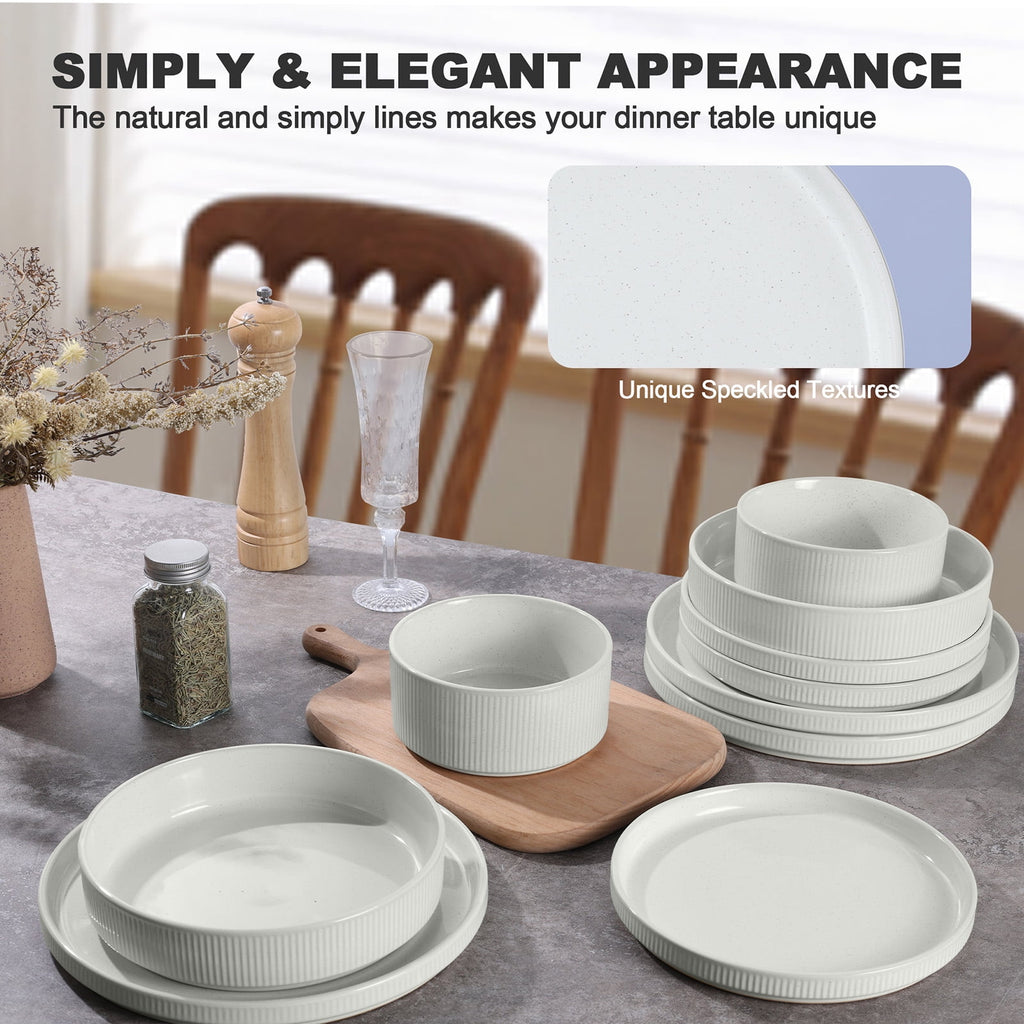 Vesteel 12 Pieces Dinnerware Set for 4, Premium Stoneware Ribbed Dishes, Chip & Scratch Resistant Plates and Bowls Set for Home Restaurant, Microwave and Dishwasher Safe - Speckled White