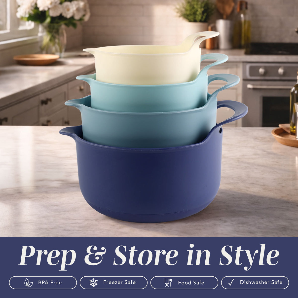 COOK WITH COLOR Mixing Bowls Set, 4-Piece Non-Slip Mixing Bowls with Pour Spouts & Handles, Black Speckled