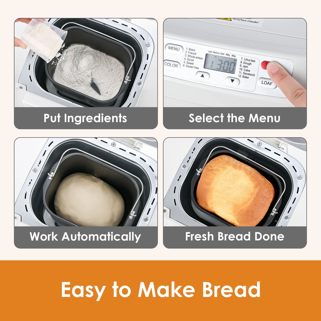 Kitchen in the Box 2lb Bread Maker with Auto Fruit Nut Dispenser, 12-in-1 Gluten-Free Bread Machine, 13H Delay Timer, Nonstick Pan, Keep Warm, White