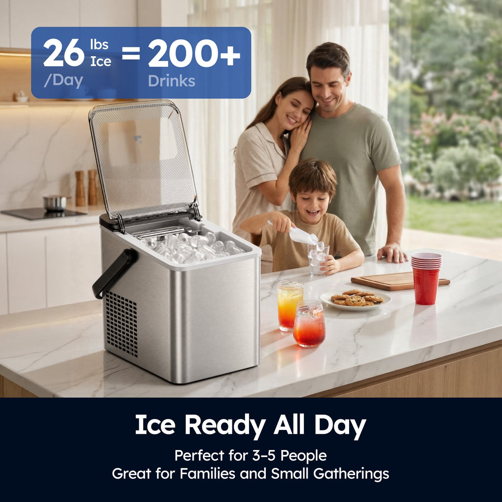 SIMZLIFE Portable Countertop Ice Maker, 26 Lbs/Day, 9 Bullet Ice Cubes in 6 Minutes, 2 Ice Sizes, Self-Cleaning Ice Machine, Black