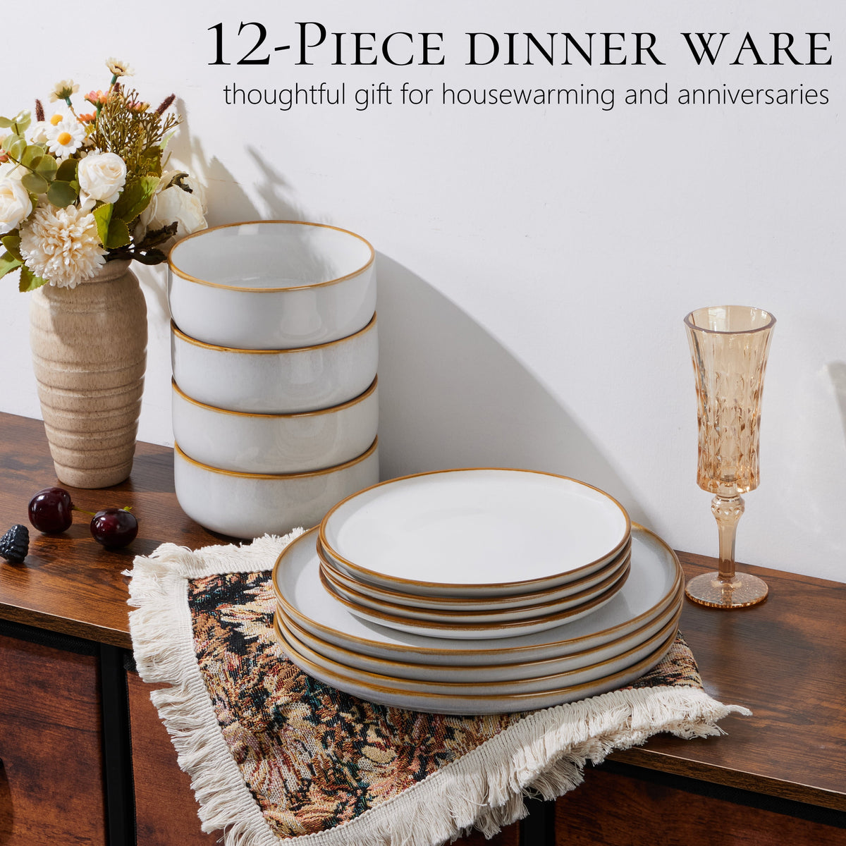 Vesteel Dinnerware Sets for 4, 12-Piece Stoneware Dish and Bowls Set, Handmade Reactive Glaze Coupe Plates Set for Family, Chip & Scratch Resistant - Matte Black