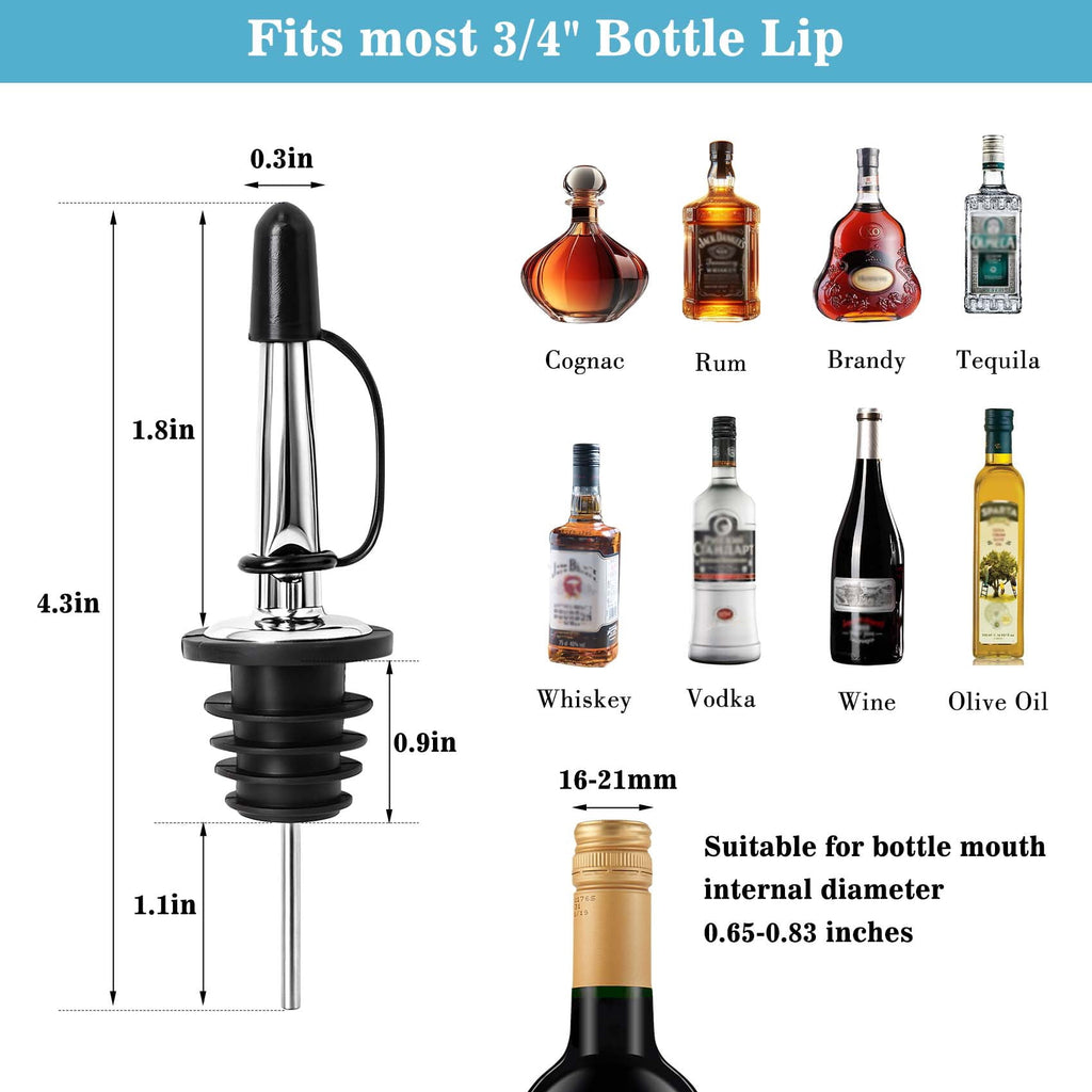 12 Pcs Liquor Pour Spouts with Dust Caps, Stainless Steel Bottle Pourers for Alcohol for Bar, Home Bartending & Kitchen, Bar Bartender Accessories