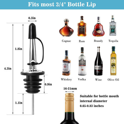 12 Pcs Liquor Pour Spouts with Dust Caps, Stainless Steel Bottle Pourers for Alcohol for Bar, Home Bartending & Kitchen, Bar Bartender Accessories