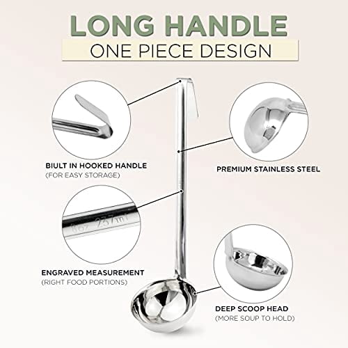 [2 Pack] 6 Oz Stainless Steel Soup Ladle - One-Piece Sauce Spatula with Hook Handles, Commercial Grade Serving Spoon, Kitchen Tool for Restaurant or Home Cooking, Mirror Finish, 14.25" Long