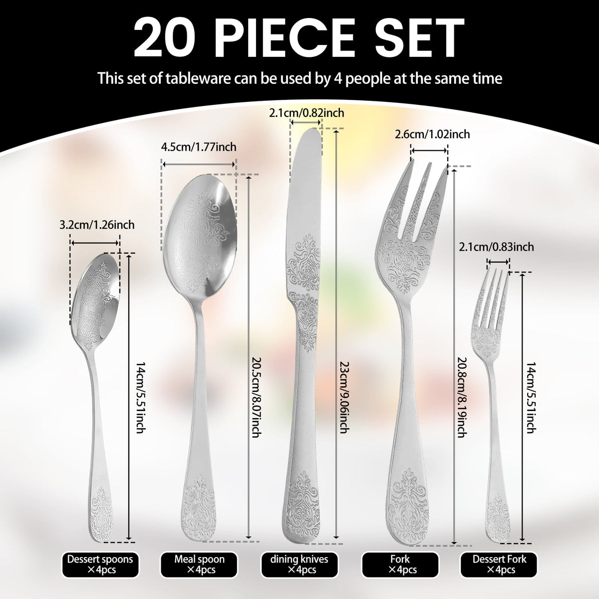 20 Pcs Floral Silverware Set Including Fork Spoon and Knife Stainless Steel Flatware Set Vintage Cutlery Set Mirror Polished Utensil Set for Kitchen Dishwasher Safe Service for 4