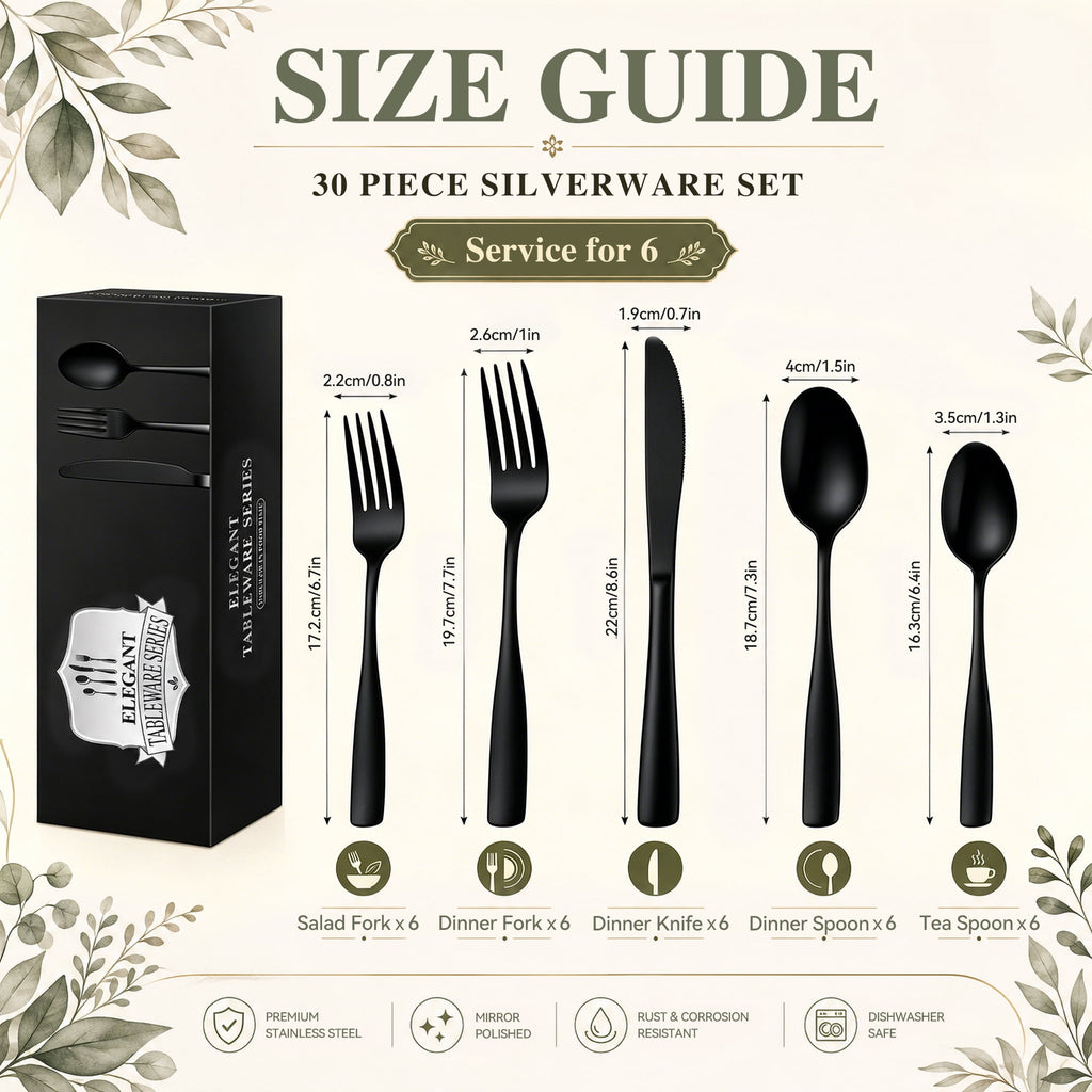 TINANA Silverware Sets, 30 PCS Flatware Set for 6, Premium Stainless Steel Cutlery Utensil Set Mirror Polished Forks and Spoons, Dishwasher Safe