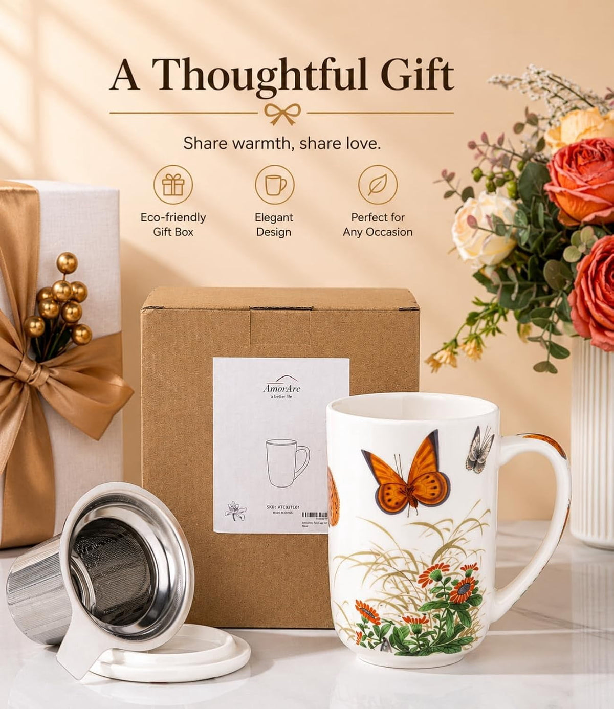 AmorArc Porcelain Tea Mug with Infuser and Lids, 18 Oz Cup Strainer Bag Holder for Loose Leaf Tea, Steeping Coffee Well-wrapped Box House-warming Wedding Birthday Gift, YelloRed