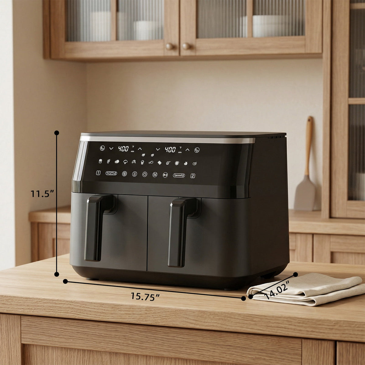 10QT Dual Basket Air Fryer with Digital LED Touchscreen, 12 Presets, Independent Dual Controls, Sync Finish, 1700W, 140-400°F, Black