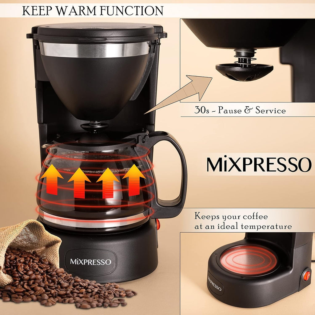 Mixpresso 12 Cup Coffee Pot, Auto-Off & Reusable Filter, Large Drip Coffee Maker 12 Cup Borosilicate Glass Carafe, Anti-Drip Coffee Machine Water Level Window, Black Electric Coffee Maker