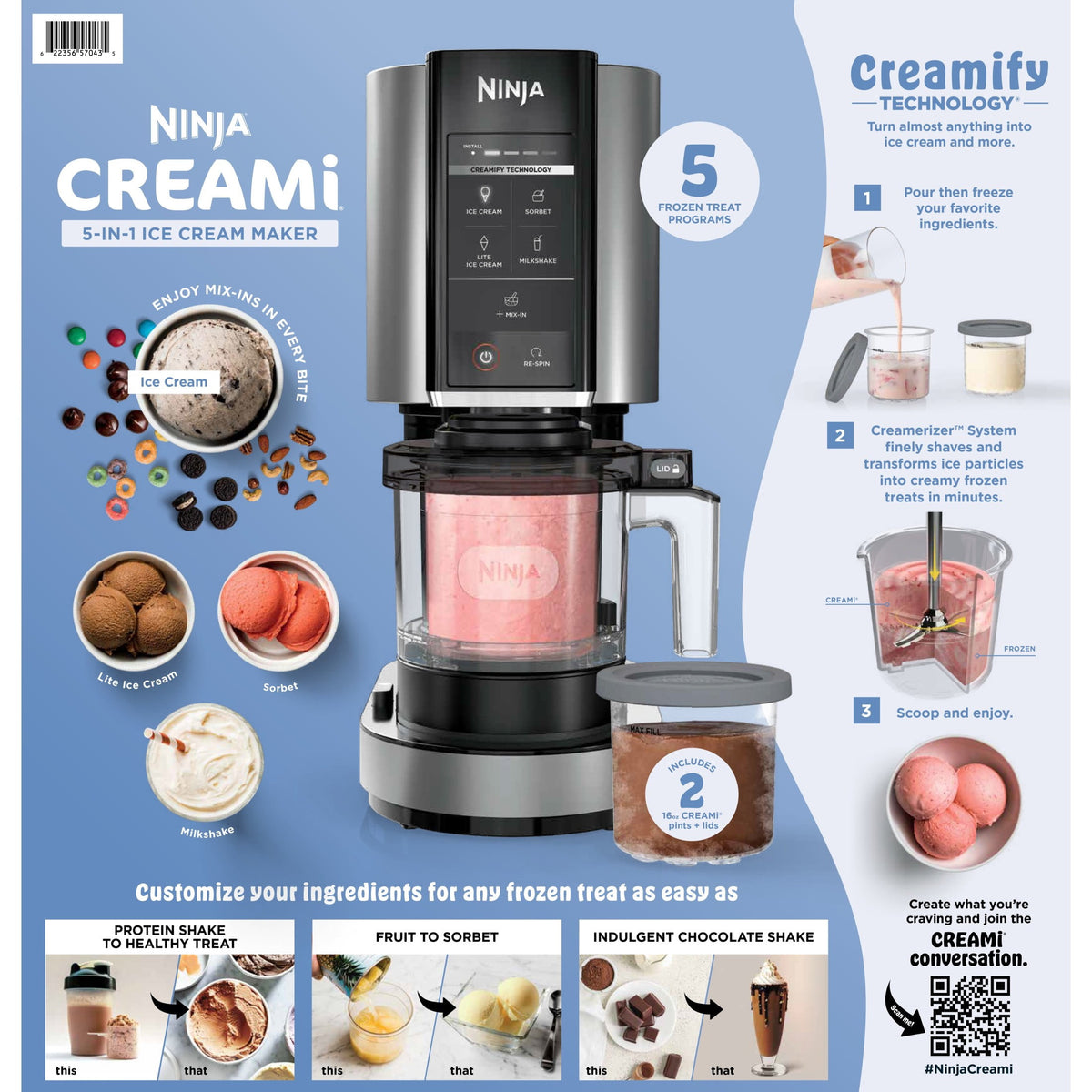 Ninja CREAMi Ice Cream Maker, for Mix-ins, Milkshakes, Sorbet, 5 One-Touch Programs, (2) 16 Oz Pint Containers & Lids, NC300WH White