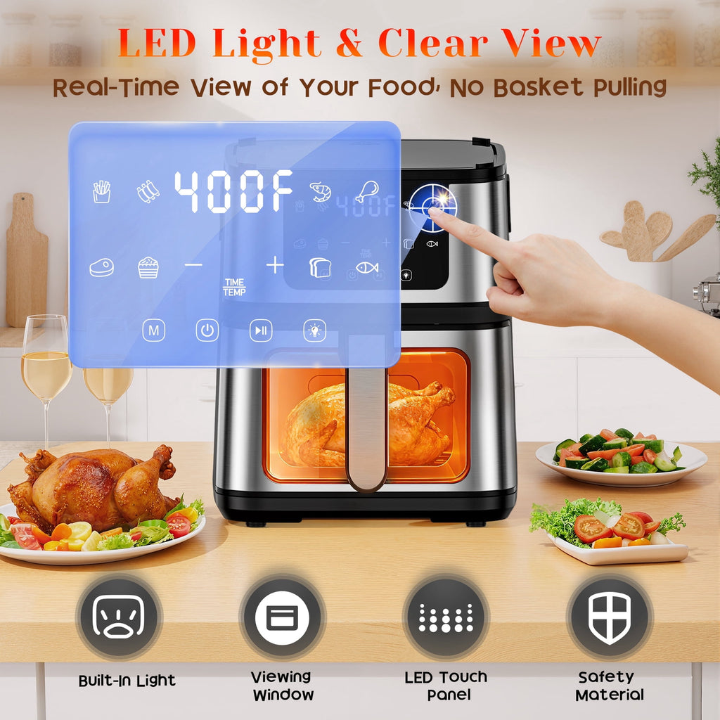 7.5QT 10-in-1 Air Fryer Oven with Grill Plate, LCD Digital Control, Clear-View Window, Air Fryer for Roasting, Baking, Reheating Healthy Meals, Nonstick Basket Air Fryer
