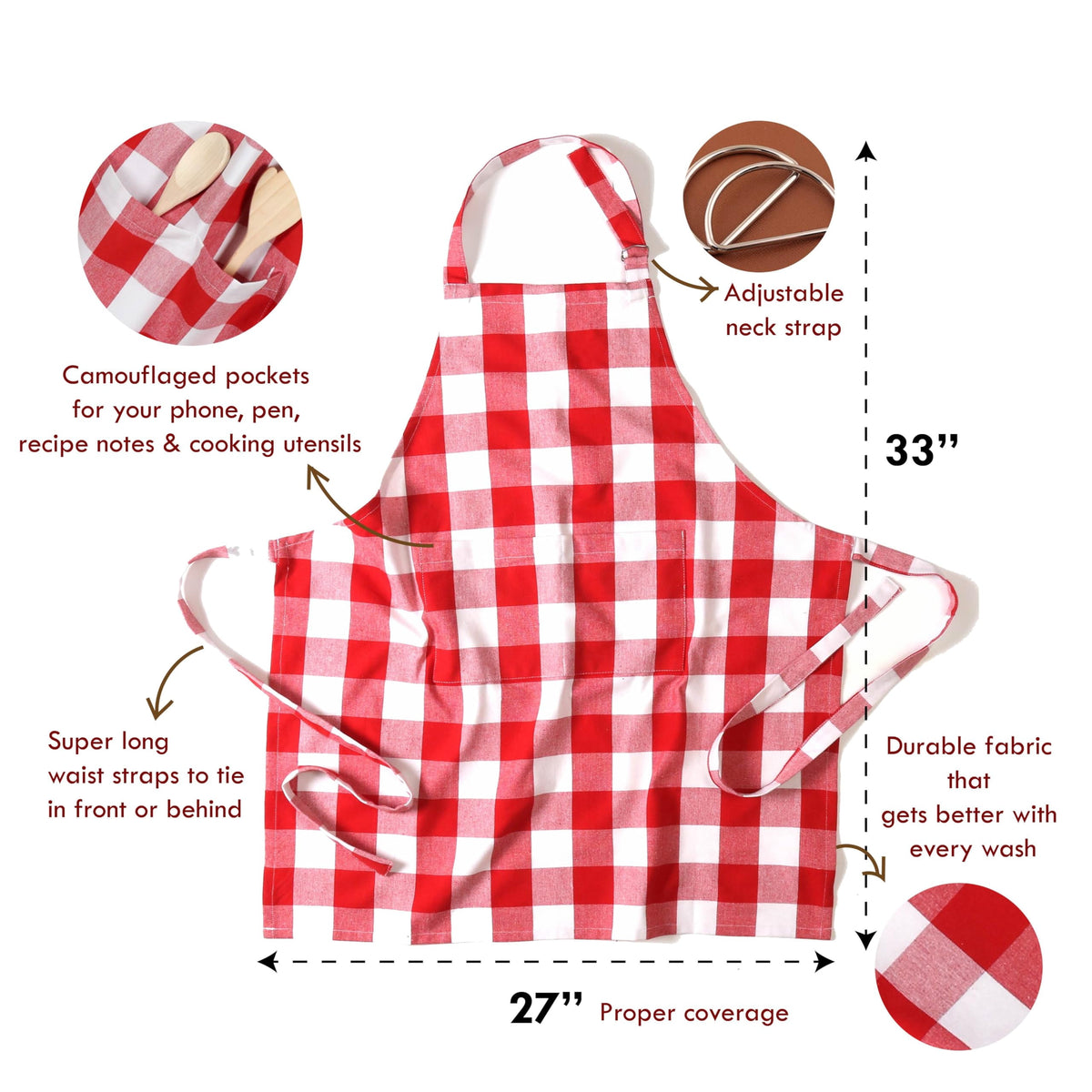 Softopia Cotton Buffalo Plaid Check 2 Pack Kitchen Aprons with Pocket 100% Cotton 27"x33" - Adjustable Neck Apron for Adults Cooking, Red White