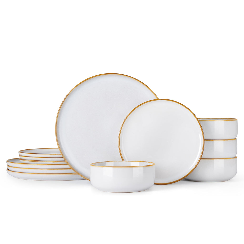 Vesteel Dinnerware Sets for 4, 12-Piece Stoneware Dish and Bowls Set, Handmade Reactive Glaze Coupe Plates Set for Family, Chip & Scratch Resistant - Matte Black