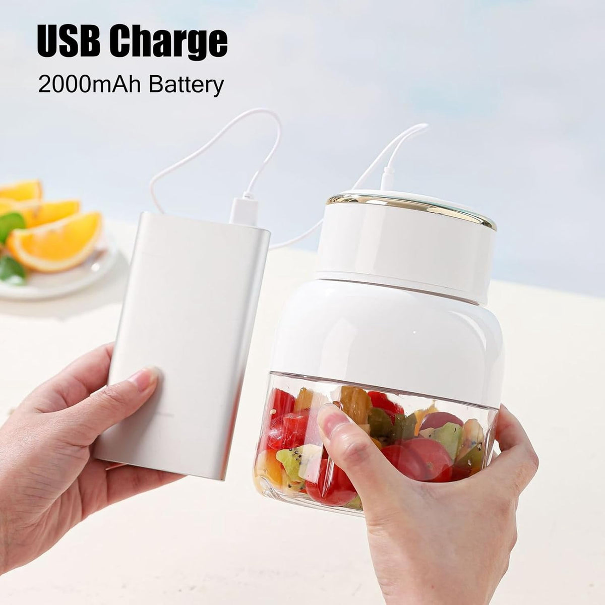 Portable Blender – USB Rechargeable 800ml Juice Blender with 6 Blades, Mini Juicer Cup for Shakes and Smoothies, for Sports, Travel, Gym, Office (White)