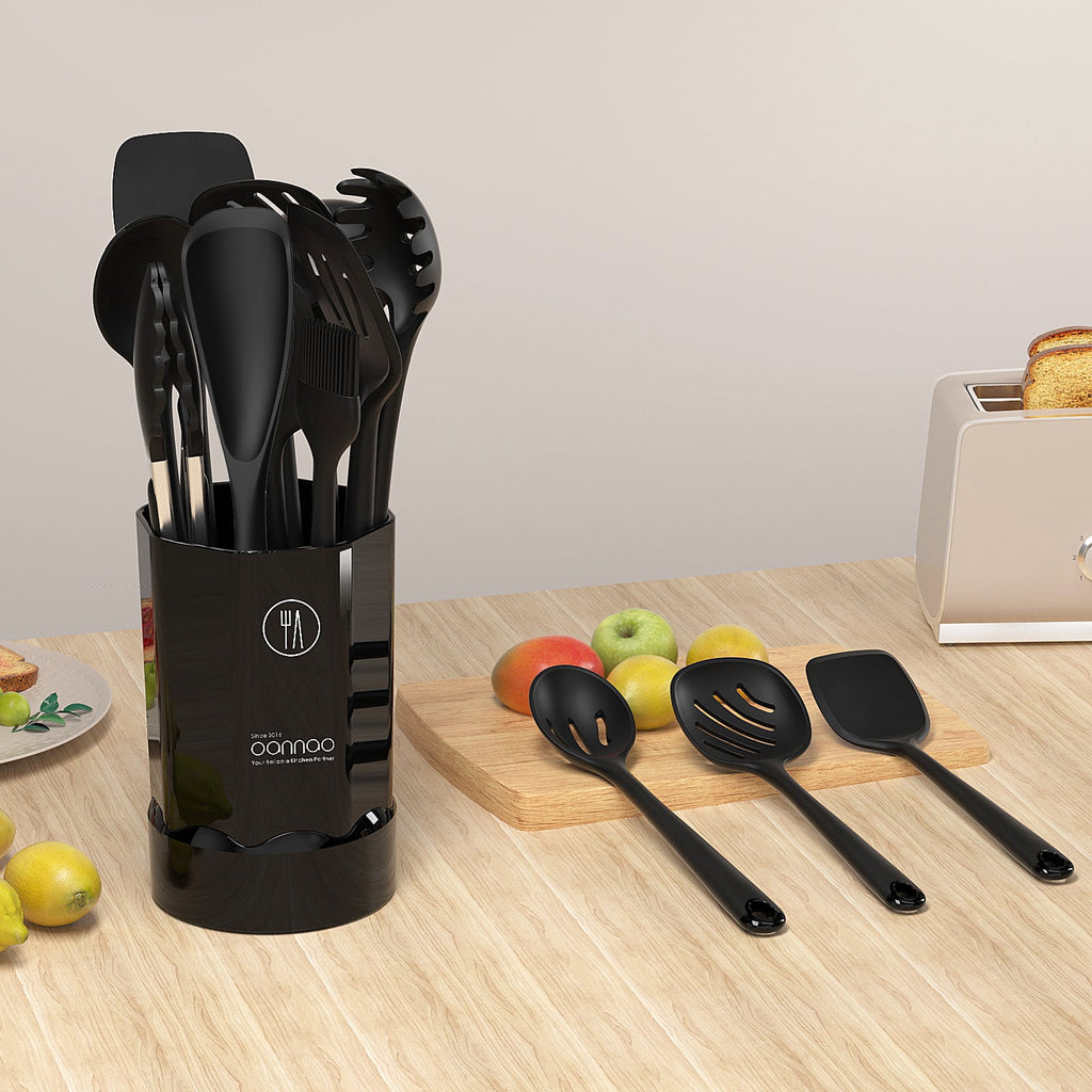 Silicone Kitchen Utensils Set, 600°F Heat Resistant Silicone Cooking Utensils, Spatula, Spoon, Whisk, Tongs, Kitchen Gadgets Tools Sets for Nonstick Cookware, Dishwasher Safe BPA Free (Black)
