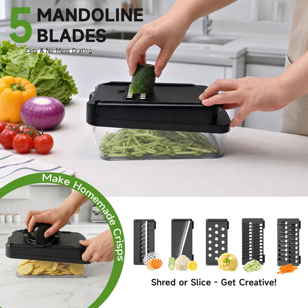 Honhorrs Vegetable Chopper Mandoline Slicer with Container, Food Veggie Chopper, Cheese Grater, Onion Vegetable Cutter for Kitchen Gadgets & Gifts, Home Essentials (9-in-1, Black)