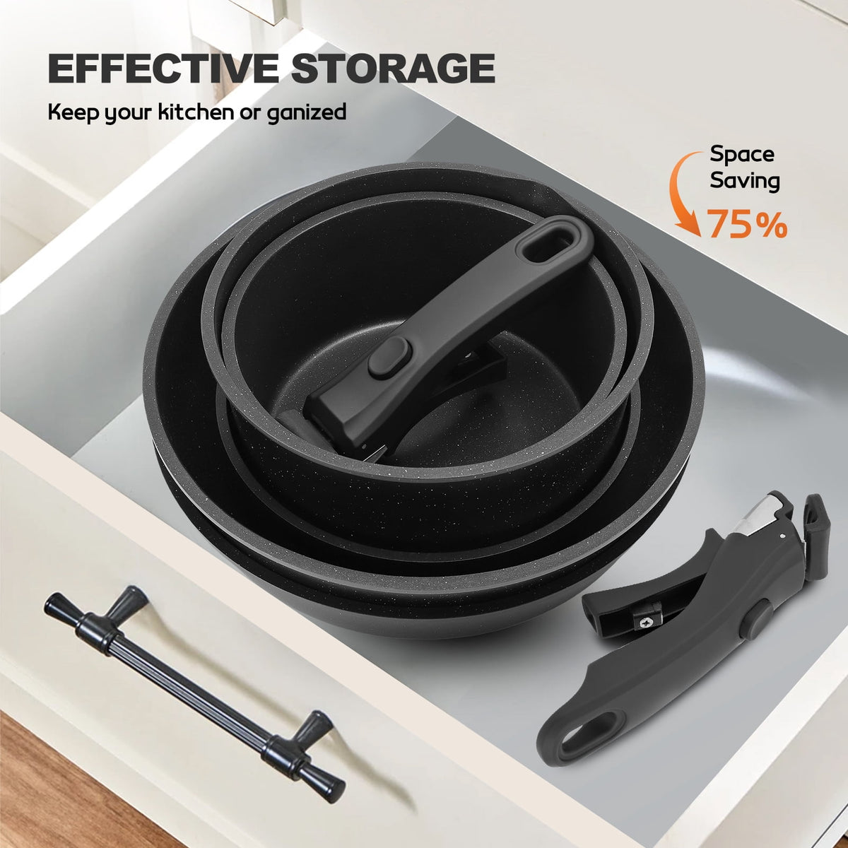 17 Piece Ceramic Pots and Pans Set Non Stick, Cookware Set with Detachable Handle, Oven Safe, Induction Ready, Stackable RV Kitchen Cooking Set Removable Handles, Cream White