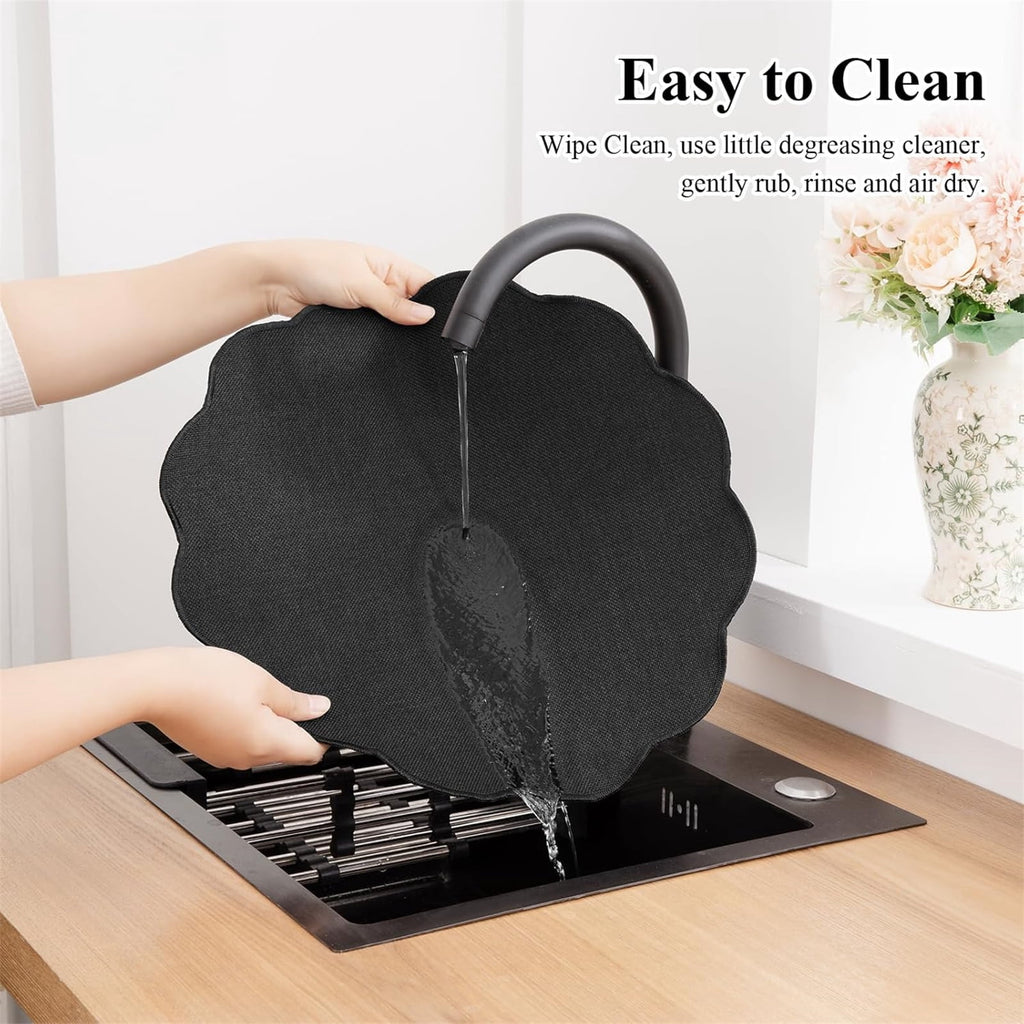 Ileading Scalloped Round Placemats Set of 6 Polyester Linen Blend Washable Non Slip Place Mats Easy Clean Heat Resistant Table Mats for Kitchen Dining Table Decor