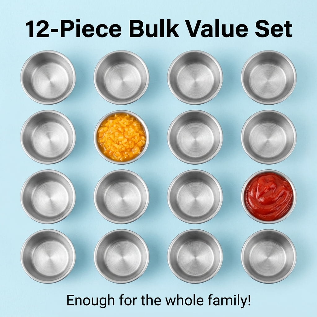 12Pcs 1.5oz Stainless Steel Dipping Sauce Cups, Reusable Metal Ramekins for Condiments & Portion Control, Stackable Mini Bowls for Meal Prep & Ketchup