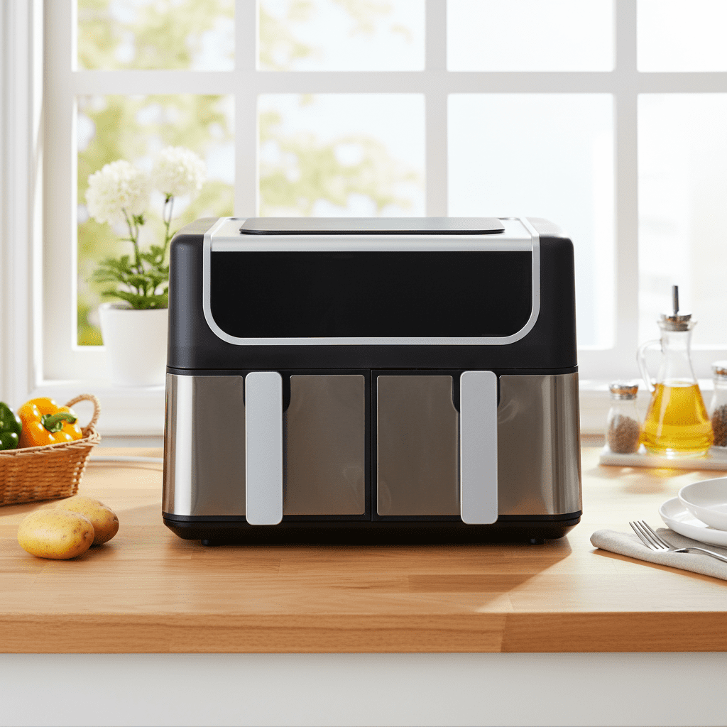 EDX 9QT Dual Basket Stainless Steel Air Fryer with Digital Sync & Match Cook, 1700W, 10 Presets, 2 Independent Cooking Zones, Shake Reminder, Black