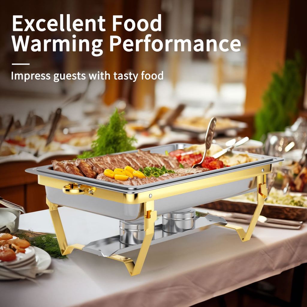 Chafing Dish Buffet Set 4 Pack: TINANA 8QT Stainless Steel Chafing Dishes for Buffet, Chafers and Buffet Warmers Sets for Parties, Events, Wedding, Camping, Dinner-Gold