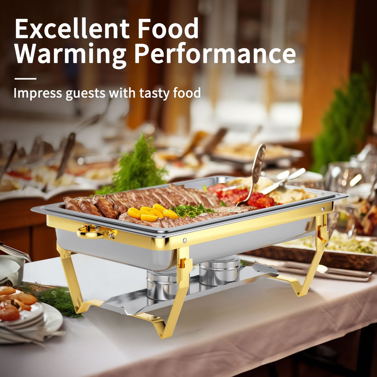 Chafing Dish Buffet Set 4 Pack: TINANA 8QT Stainless Steel Chafing Dishes for Buffet, Chafers and Buffet Warmers Sets for Parties, Events, Wedding, Camping, Dinner-Gold