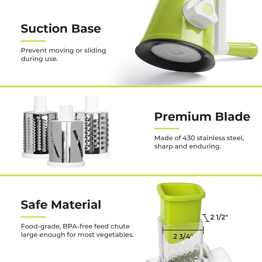Premium Rotary Cheese Grater, Manual Cheese Grater for Kitchen, Handheld Vegetables Slicer Cheese Shredder with Rubber Suction Base, 3 Stainless Drum Blades Included,Blue