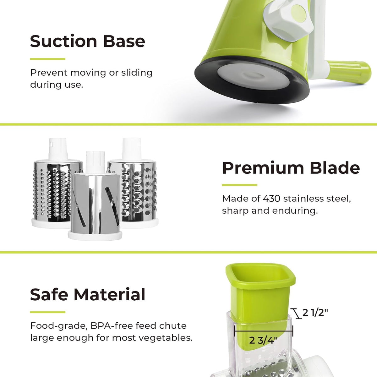 Premium Rotary Cheese Grater, Manual Cheese Grater for Kitchen, Handheld Vegetables Slicer Cheese Shredder with Rubber Suction Base, 3 Stainless Drum Blades Included,Blue