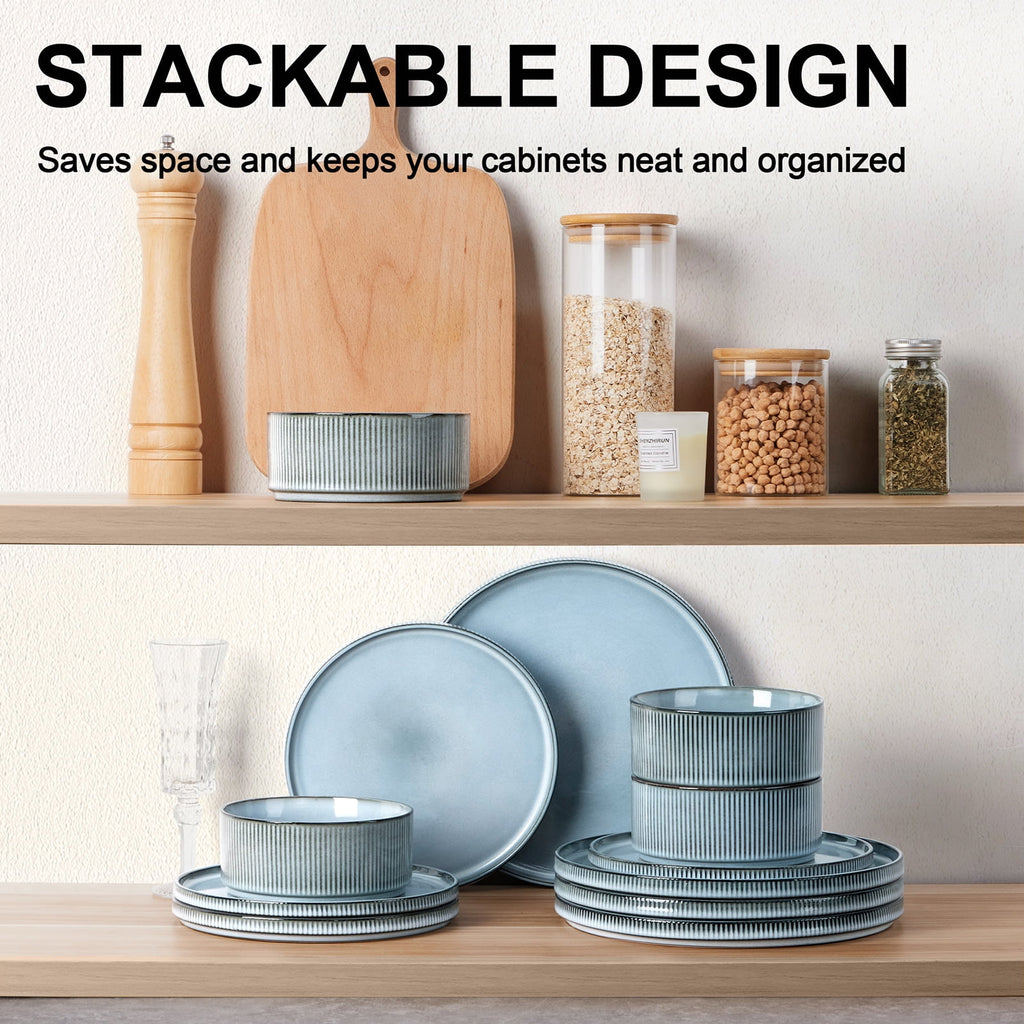Vesteel 12 Pieces Dinnerware Set for 4, Premium Stoneware Ribbed Dishes, Chip & Scratch Resistant Plates and Bowls Set for Home Restaurant, Microwave and Dishwasher Safe - Speckled White