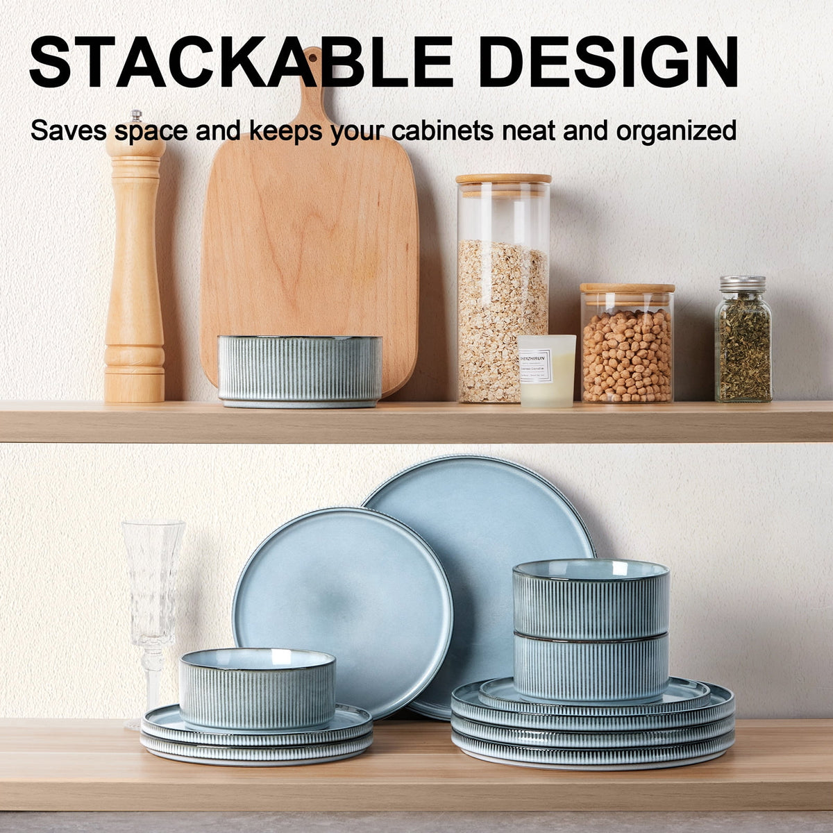 Vesteel 12 Pieces Dinnerware Set for 4, Premium Stoneware Ribbed Dishes, Chip & Scratch Resistant Plates and Bowls Set for Home Restaurant, Microwave and Dishwasher Safe - Speckled White