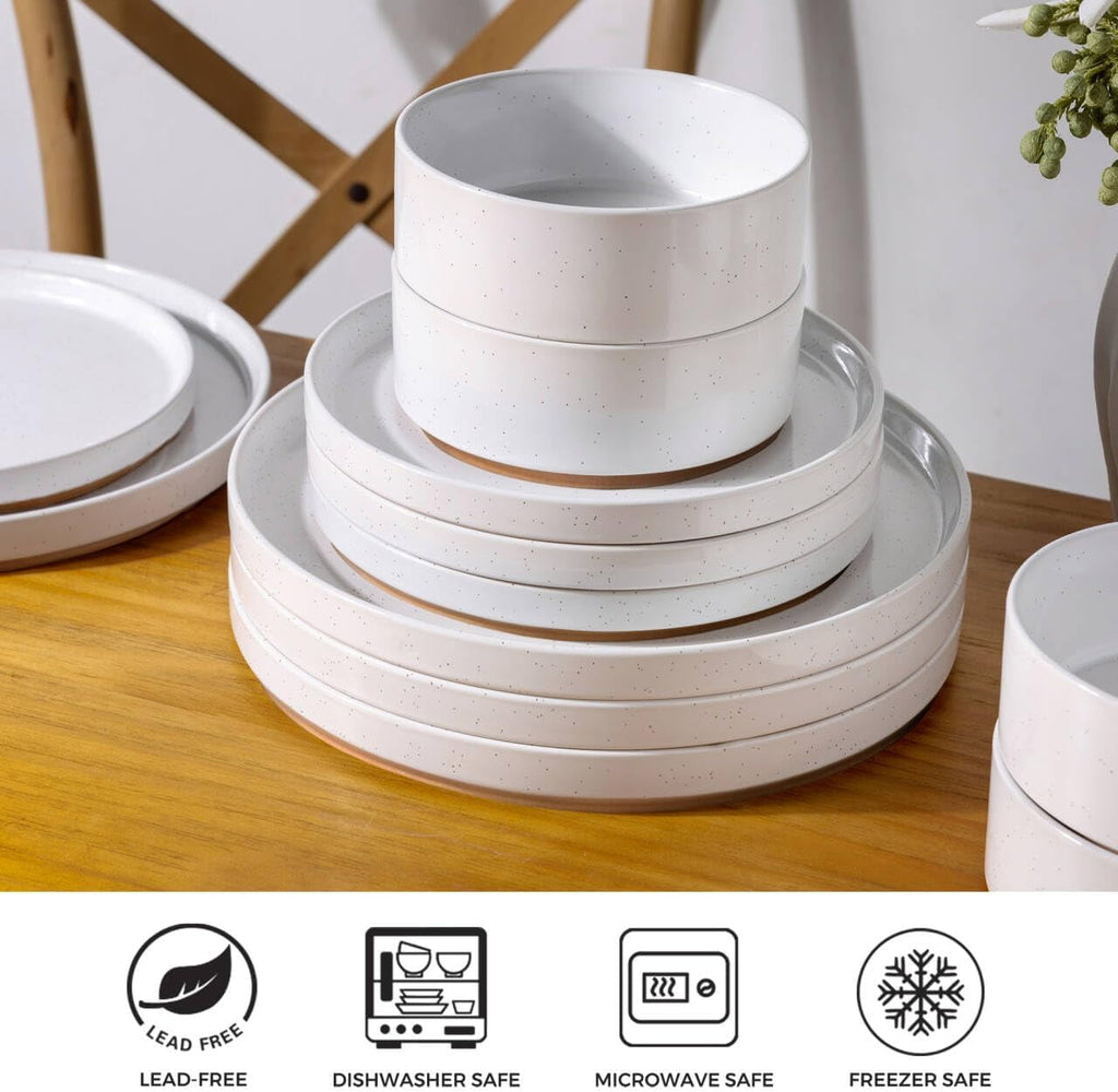 AmorArc Ceramic Dinnerware Set for 4 | Speckled Stoneware Plates and Bowls with unglazed terracotta | Scratch Resistant, Dishwasher & Microwave Safe Dishes Sets- 12-Pcs Pink