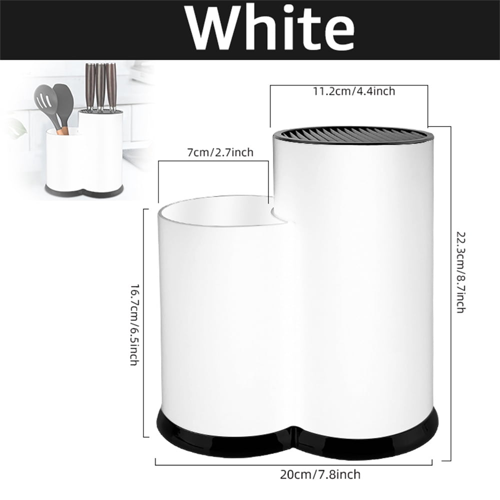 Knife Holder Kitchen 2-in-1 Universal Block without Knives Silverware Storage Stand with Drain Hole,for Countertop and Cabinet Drawer,White