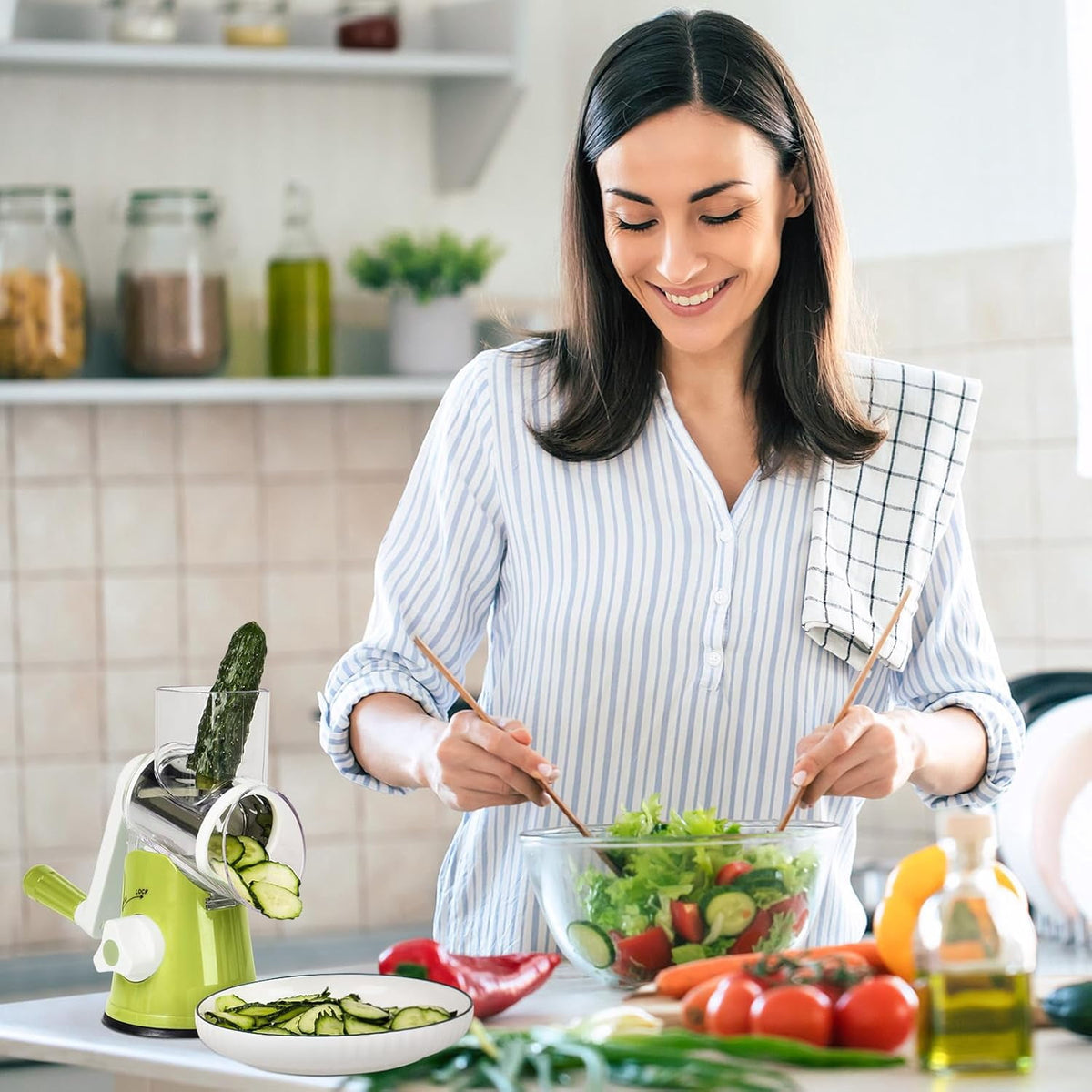 Premium Rotary Cheese Grater, Manual Cheese Grater for Kitchen, Handheld Vegetables Slicer Cheese Shredder with Rubber Suction Base, 3 Stainless Drum Blades Included,Blue