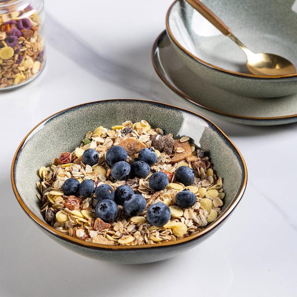AmorArc Ceramic Cereal Bowls Set of 6, 24 oz Handmade Stoneware Bowls Set for Cereal Soup Salad, Stylish Kitchen bowls for Meal, Dishwasher & Microwave Safe, Reactive Glaze-Pearl White
