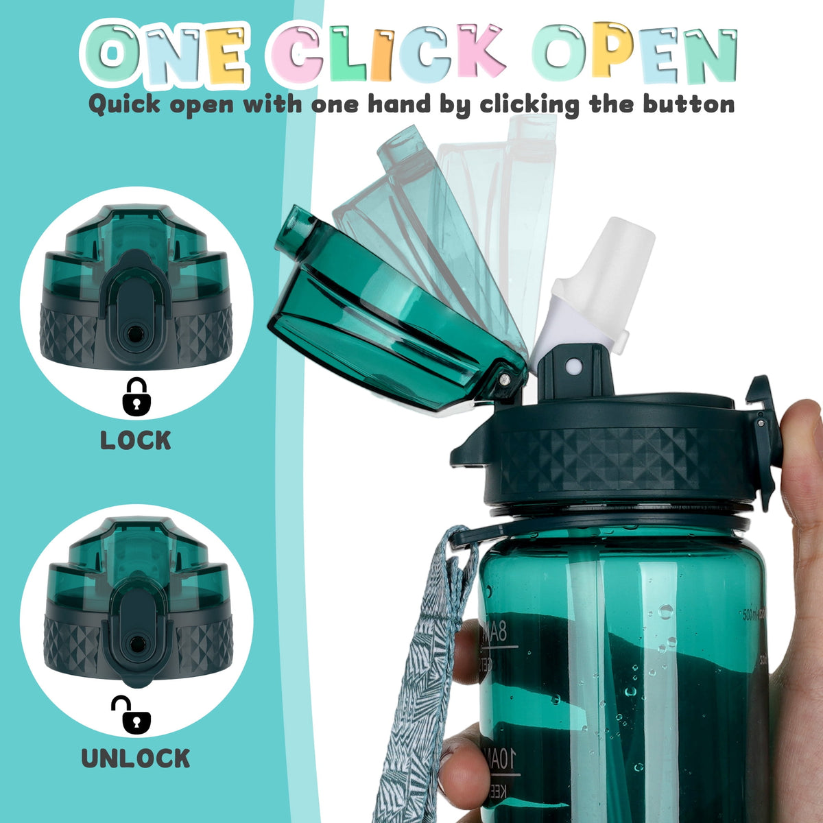 Oldley Transparent Tritan Kids Bottle – 17oz Straw Water Bottle with One-Hand Open Button, Lockable Leak-Proof Lid, Ideal for Daily Hydration