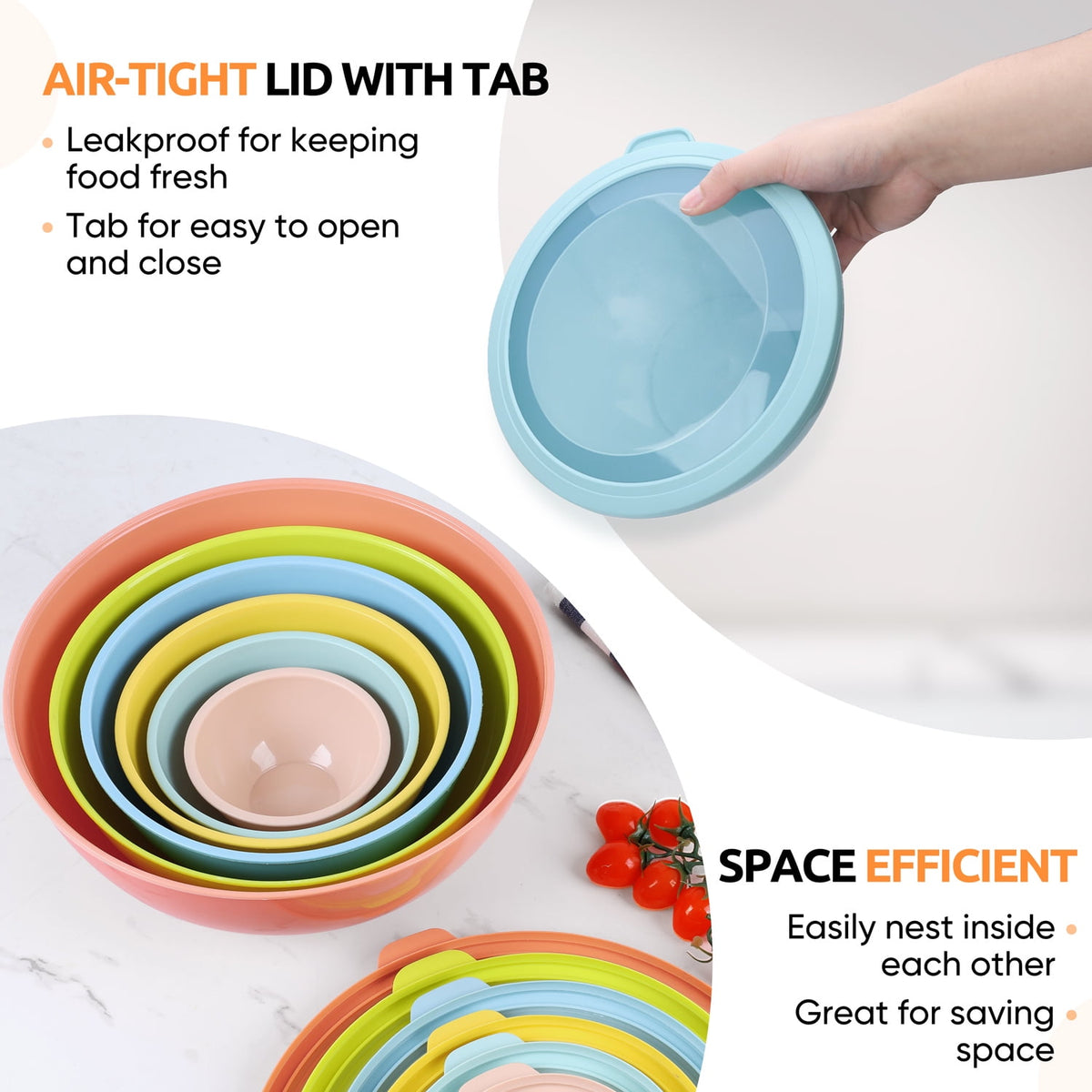 Walchoice Mixing Bowls with Airtight Lids Set of 6, Plastic Nesting Bowls Prep Bowls for Mixing, Serving, Kitchen Preparing, Storage, Microwave & Freezer Safe