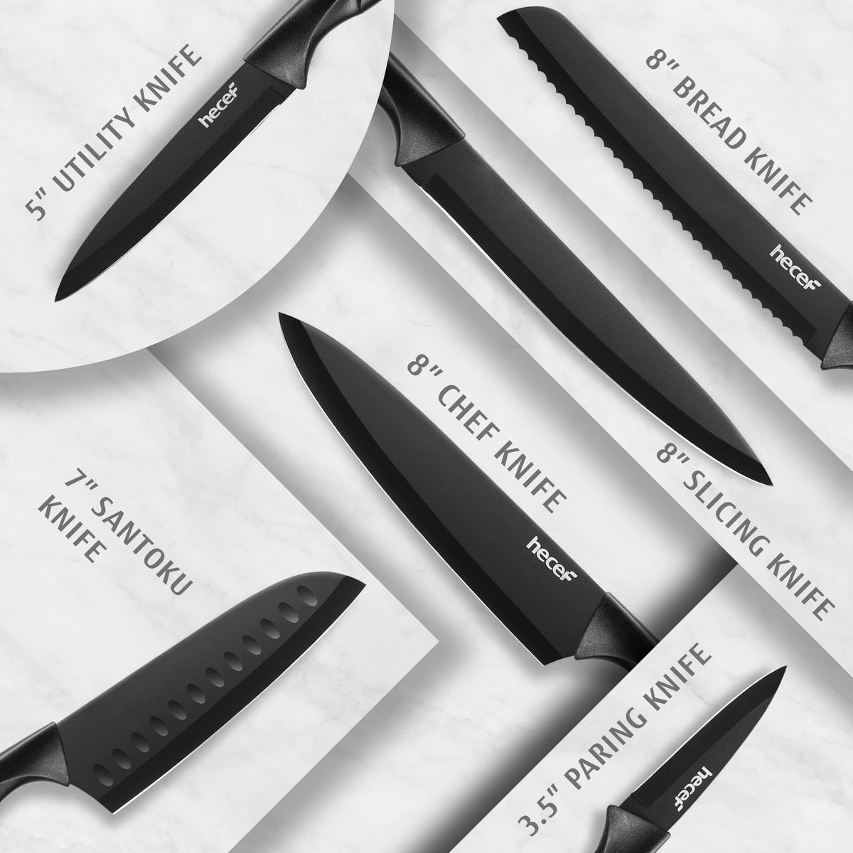 Hecef 3-Piece Kitchen Knife Set Chef, Santoku and Paring Knives, Ultra Sharp, Rust-Resistant