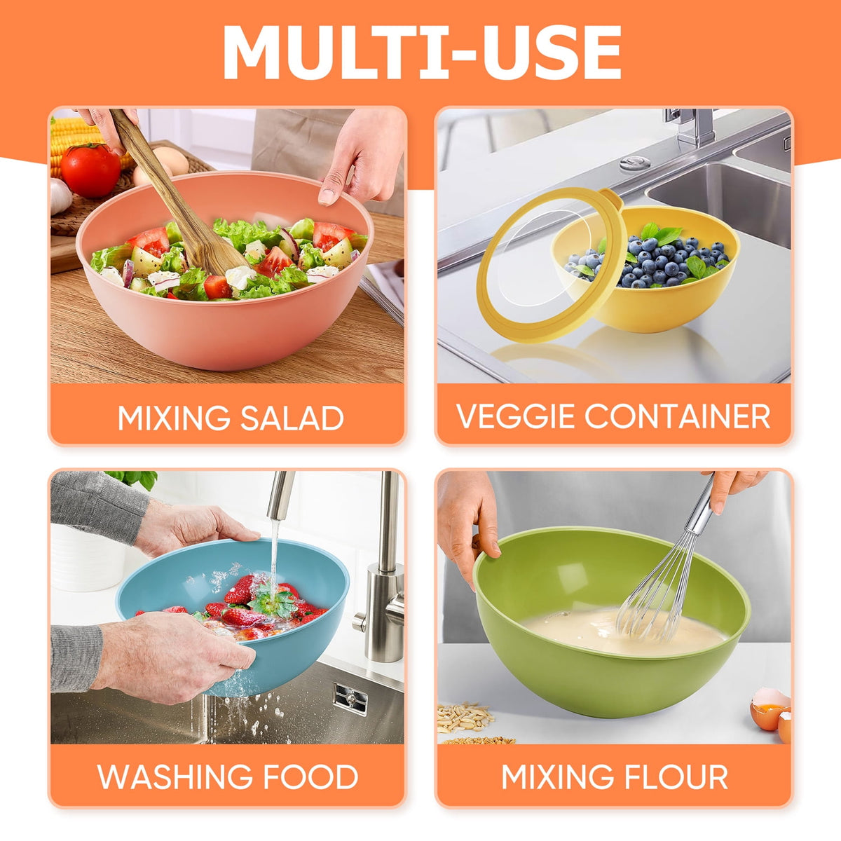 Vesteel 6Pcs Mixing Bowl Set with Lids, Plastic Nesting Bowls for Mixing, Storage, Kitchen Prepping, Serving Food, Microwave & Dishwasher Safe - Multi-color