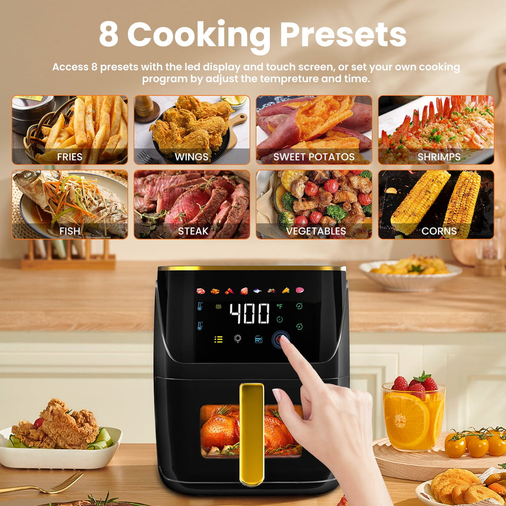 Bluebow Newest Air Fryer Large 8.5 QT, Black, 8 in 1 Touch Screen, Visible Window, 1750W