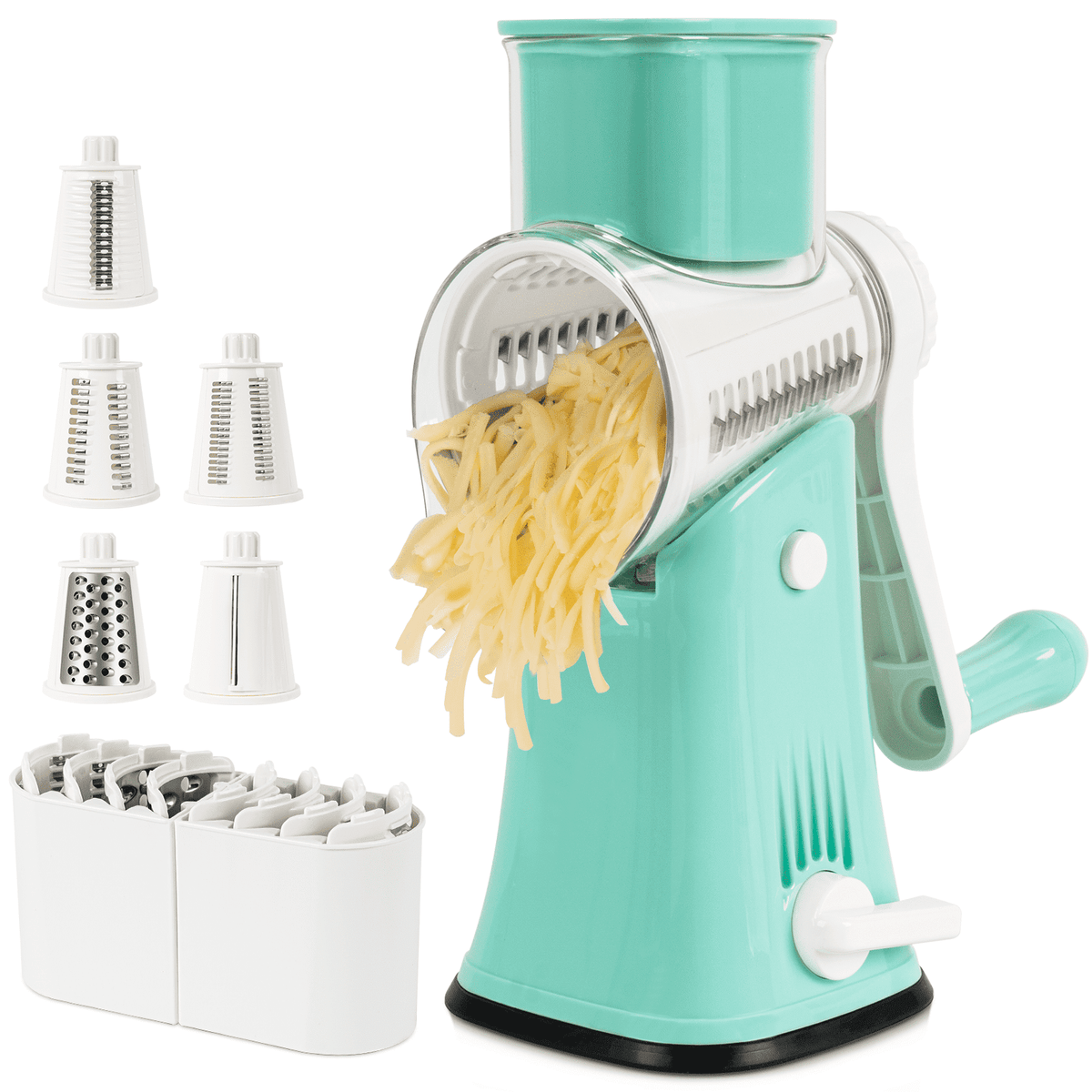 Premium Rotary Cheese Grater, Manual Cheese Grater for Kitchen, Handheld Vegetables Slicer Cheese Shredder with Rubber Suction Base, 3 Stainless Drum Blades Included,Blue