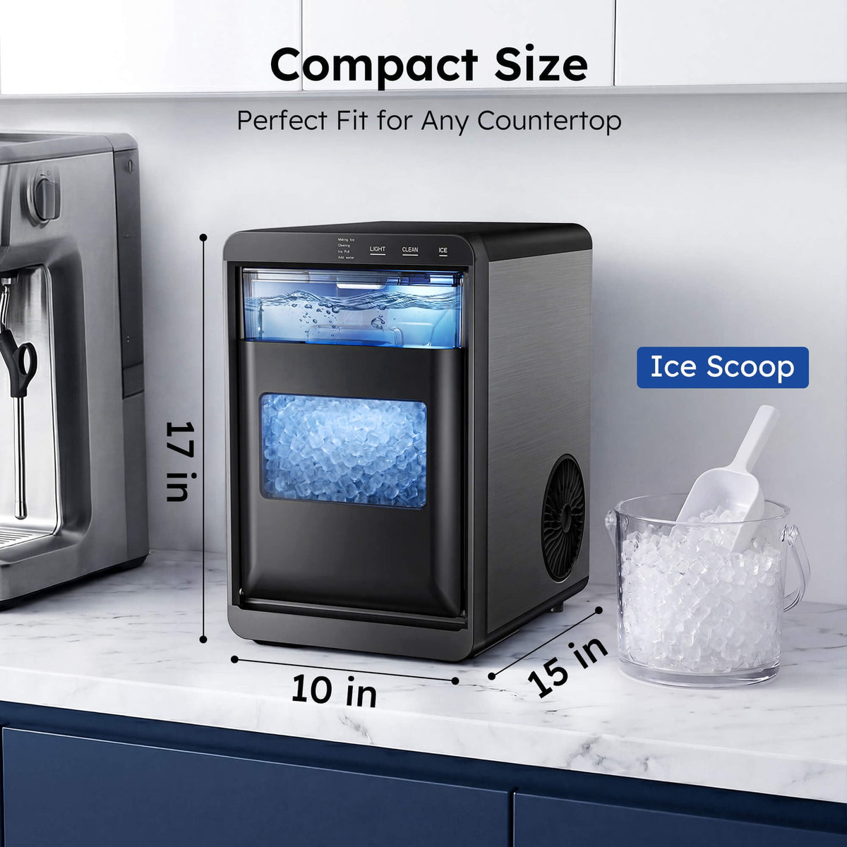 Simzlife Nugget Ice Maker Countertop, 44 lbs/24H, Soft Chewable Sonic-Style Pebble Ice machine, One-Touch Self-Cleaning, Stainless Steel Black