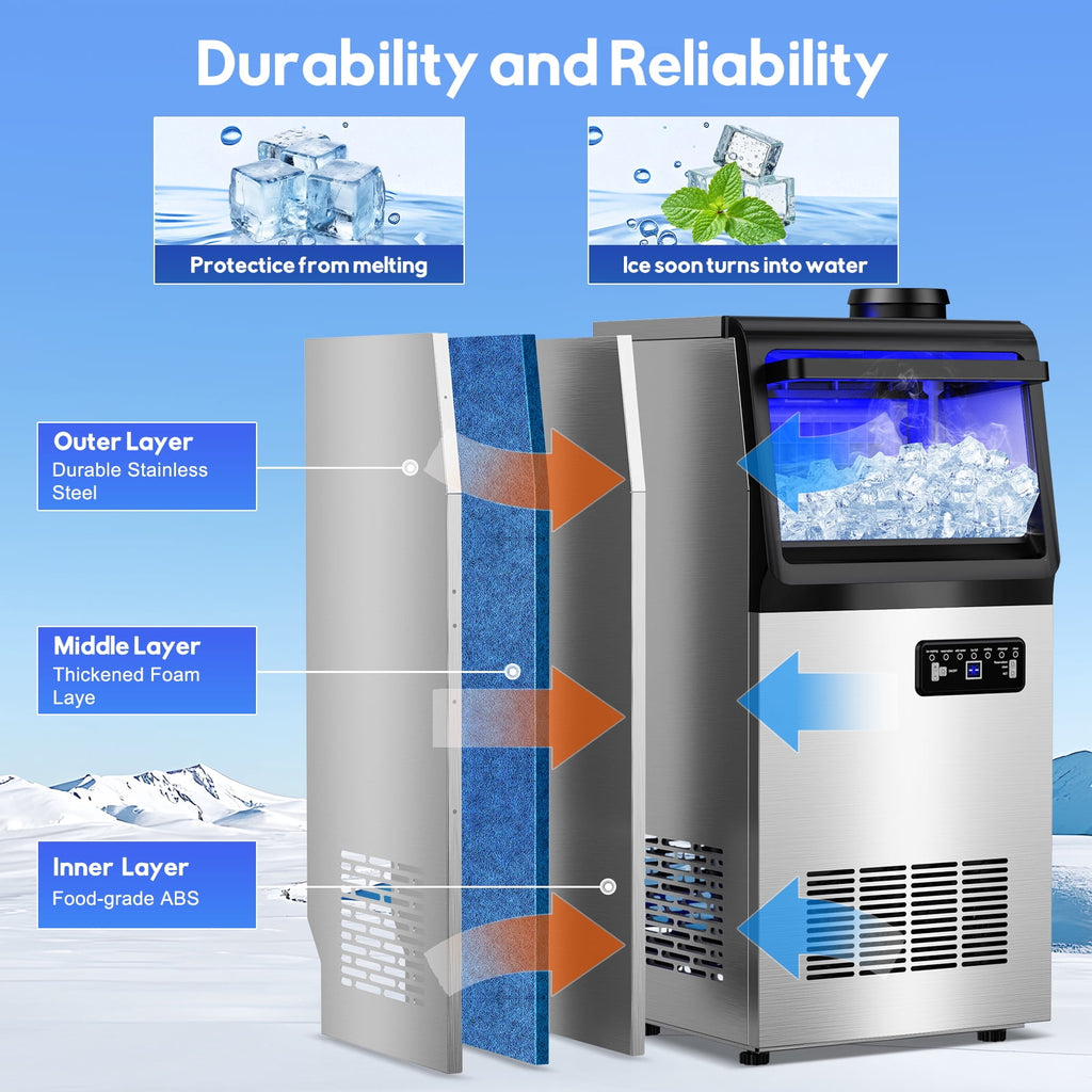 TITTLA Commercial Ice Maker 88Lbs/24H,Freestanding Built-in Ice Machine with 23 lbs Storage,5x9 Cubed Ice,Stainless Steel